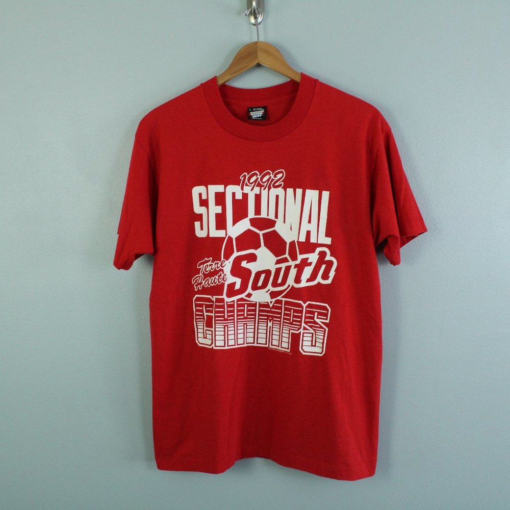 Vintage 90s Screen Stars Red Soccer Sectional Champs Tee Shirt